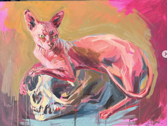 Óleo: gato esfinge sobre una calavera