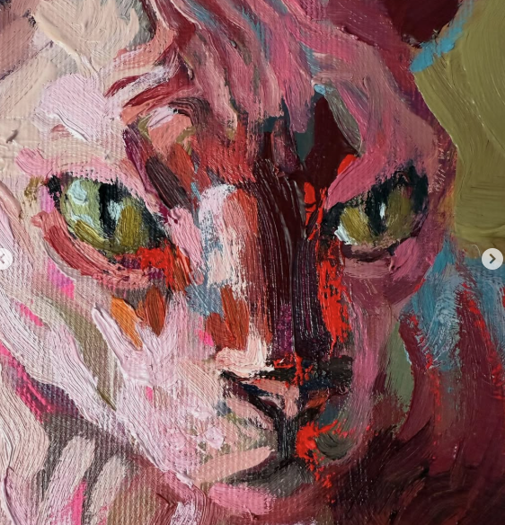 Óleo: retrato de gato esfinge en rosas y rojos